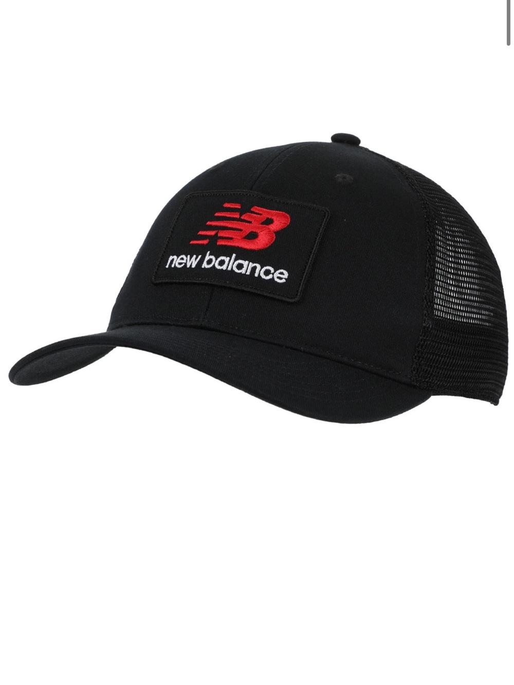 New Balance Black Trucker Cap with Red Logo Patch